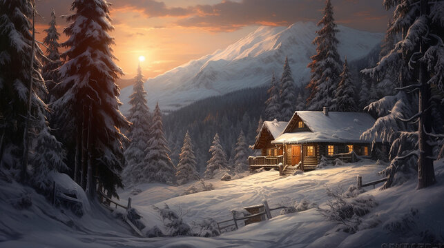 Beautiful Winter hut in a stunning alpine landscape winter scenery AI Generated Image