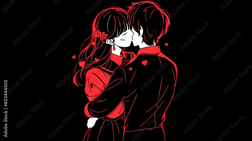 Poster a couple of people that are hugging each other in the dark room with a black background and a red an