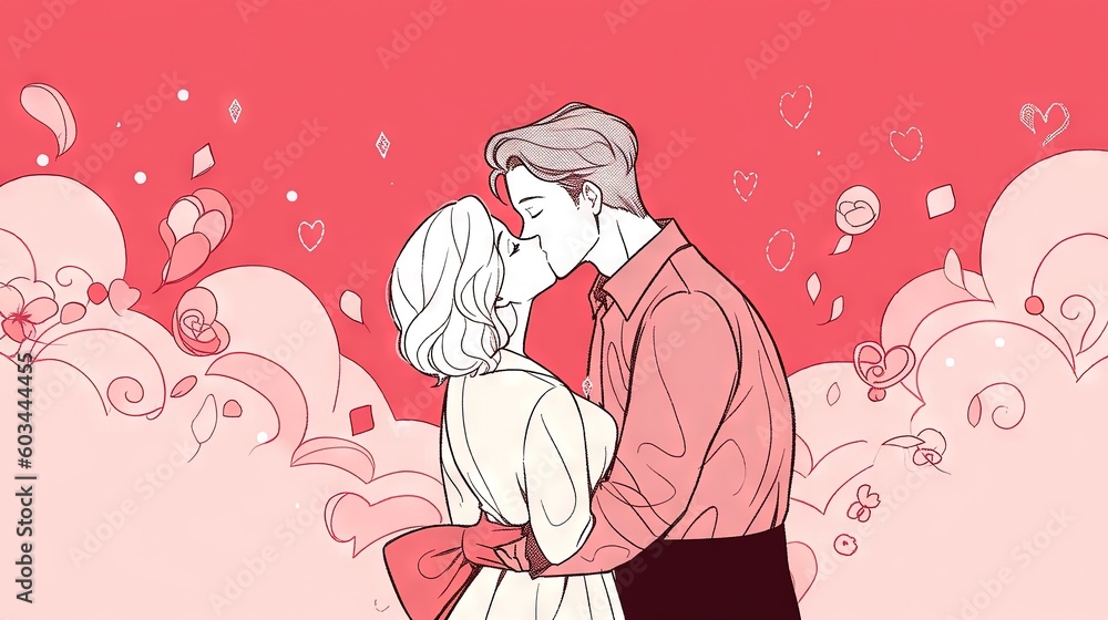 Poster a man and a woman kissing in front of a red background with hearts flying around them and a sky full
