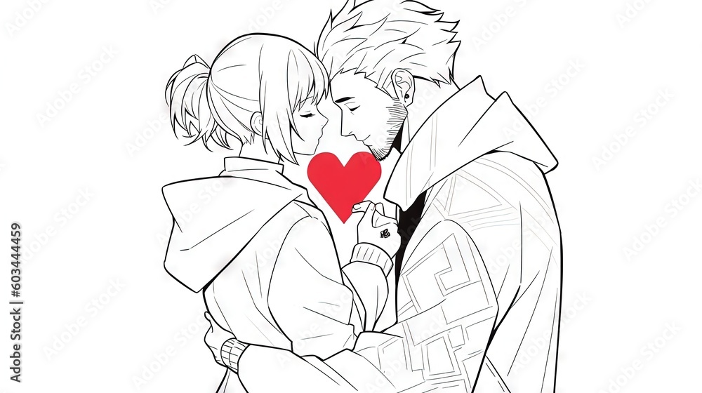 Poster a man and a woman hugging each other with a red heart in the middle of the drawing of the image on t