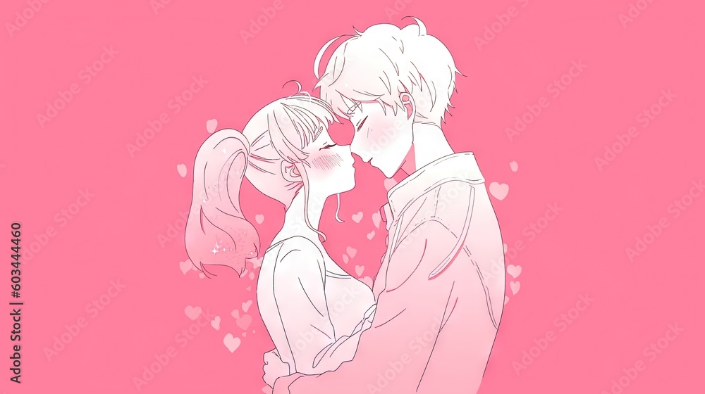 Poster  a man and a woman kissing in front of a pink background with hearts on the side of the image and a pink background behind them.  generative ai