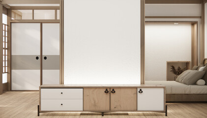 Minimal cabinet for tv interior wall mockup.