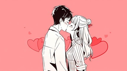  a man and a woman kissing in front of a pink background with hearts on the wall and a pink background with a red heart behind them.  generative ai