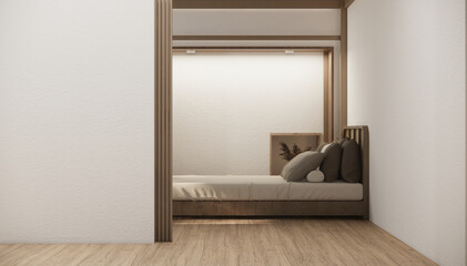 Japan style empty room decorated with wooden bed, white wall and wooden wall.