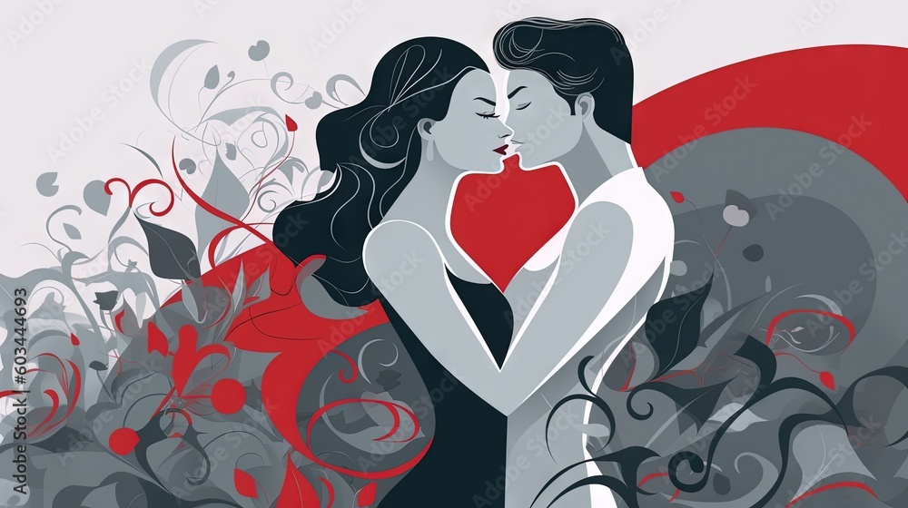 Poster a couple of people that are kissing in front of a red and white background with swirls and hearts on