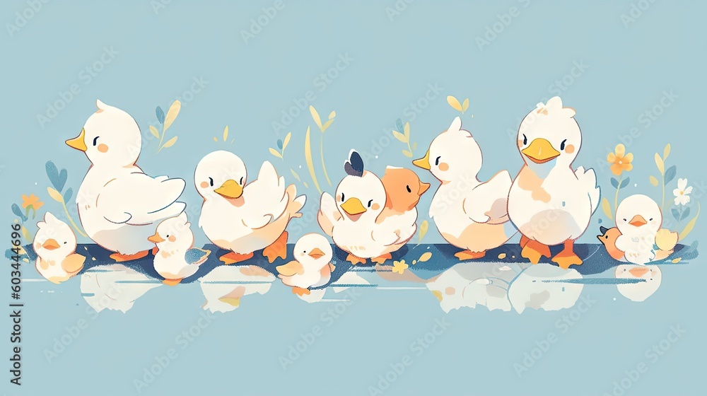 Poster a group of ducks standing next to each other on a blue surface with leaves and flowers on the bottom