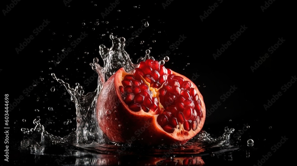 Aufkleber a pomegranate with water splashing out of it on a black background with a splash of water on the top