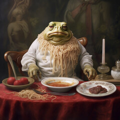 frog pepe eat spaghetti using ai - obrazy, fototapety, plakaty