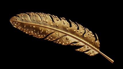  a golden feather on a black background with a spot on the tip of the feather and a spot on the tip of the feather on the tip of the tip of the feather.  generative ai