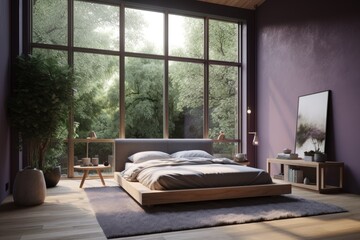 Calm cozy modern minimal purple monochrome primary bedroom with large windows with nature forest garden spring views Made with Generative AI