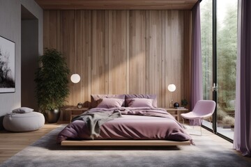 Luxury Mid century modern interior primary bedroom with wood paneling large windows in spring Made with Generative AI