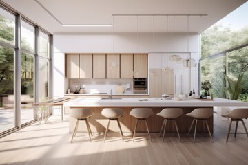 Contemporary Mid century modern interior kitchen with large marble countertop island with large windows Made with Generative AI