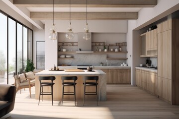 Luxurious beuaitufl large kitchen interior with wood beams white walls airy slow living lifestyle large black window panes Made with Generative AI