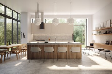 Contemporary minimal large open concept floor plan with white walls kitchen interior organic furniture and large windows Made with Generative AI