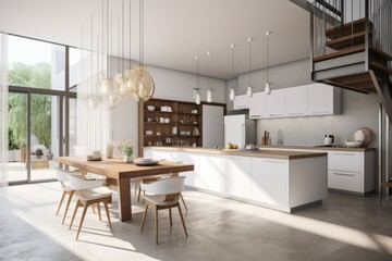 Beautiful Sustainable large white kitchen with concrete floors and large pendants Made with Generative AI