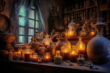Fototapeta premium Mysterious ancient laboratory interior with collection of magic, unusual and exotic oil lamps, ai tools generated image