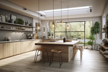 Luxury Kitchen Interior with Wood Panel Accent in Spring Made with Generative AI