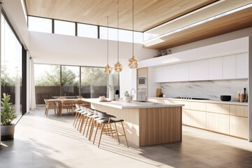 Fototapeta premium Bright Beautiful Mid Century Modern Kitchen Interior with Counter Stools and Marble Countertop Made with Generative AI