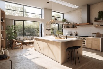 Sunny Organic Modern Farmhouse Kitchen with Large Modern Windows in Spring Made with Generative AI