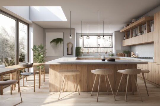 Modern Minimal Sustainable Kitchen Interior with Counter Stools and Pendant Lights Made with Generative AI
