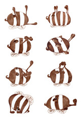 Coffee bee. Kundalini yoga kriya set. The cartoon character performs a set of exercises to strengthen the navel center. Isolated watercolor illustration