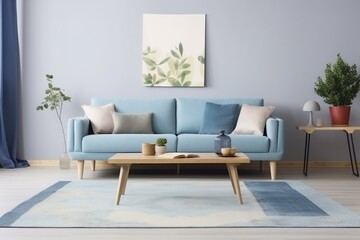 interior background living room space lamp carpet living decoration blue simple mock up floor sofa. Generative AI.