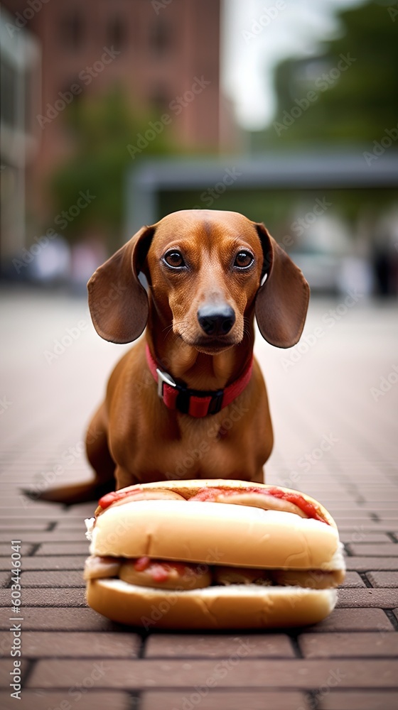 Poster a dog sitting on the ground next to a hot dog on a bun with ketchup on it and a bun in front of it. 