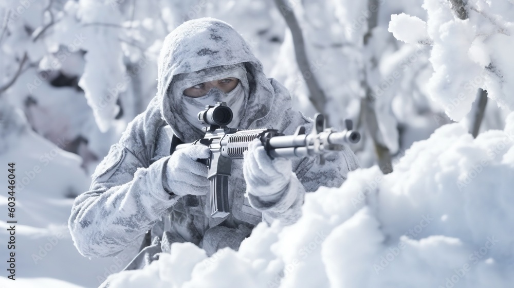 Poster a man with a gun in a snowy forest with snow on the ground and trees in the foreground and snow on t