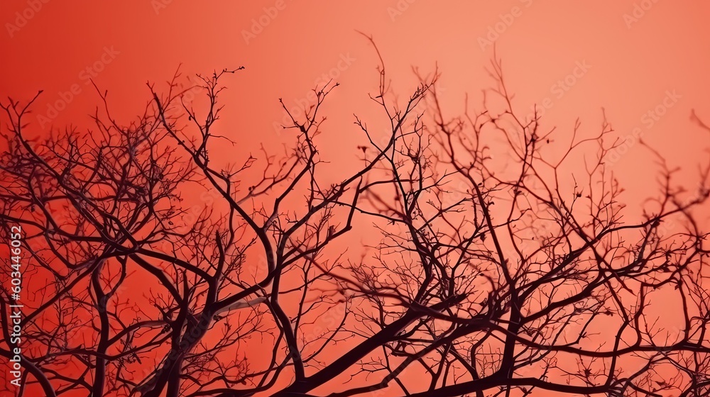 Poster a tree with no leaves and a red sky in the backround of the picture is a bird in the tree, with a re
