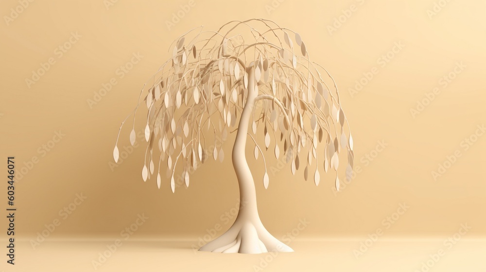 Poster a white tree with lots of leaves on a beige background with a light colored wall behind it and a lig