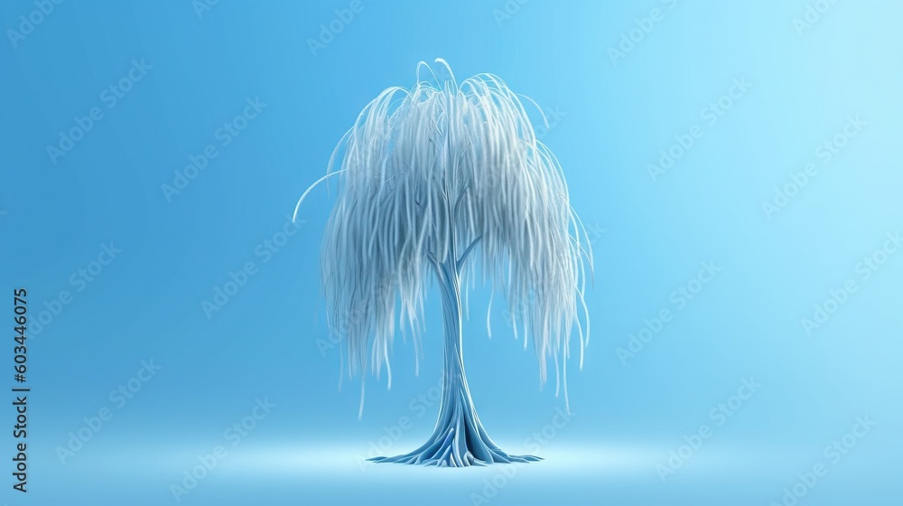 Poster a white tree with a blue sky in the background is a digital painting of a white tree with a blue sky