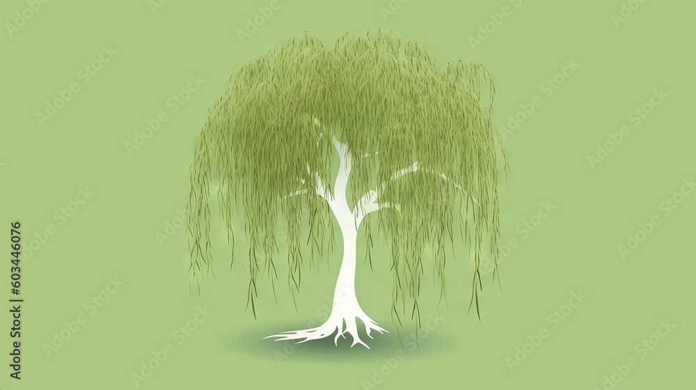 Poster a willow tree with a green background and a white tree with green leaves on the branches and a light