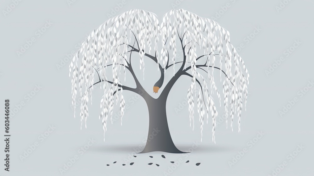 Poster a tree with a bird in the middle of it and falling leaves on the ground around it, on a light gray b