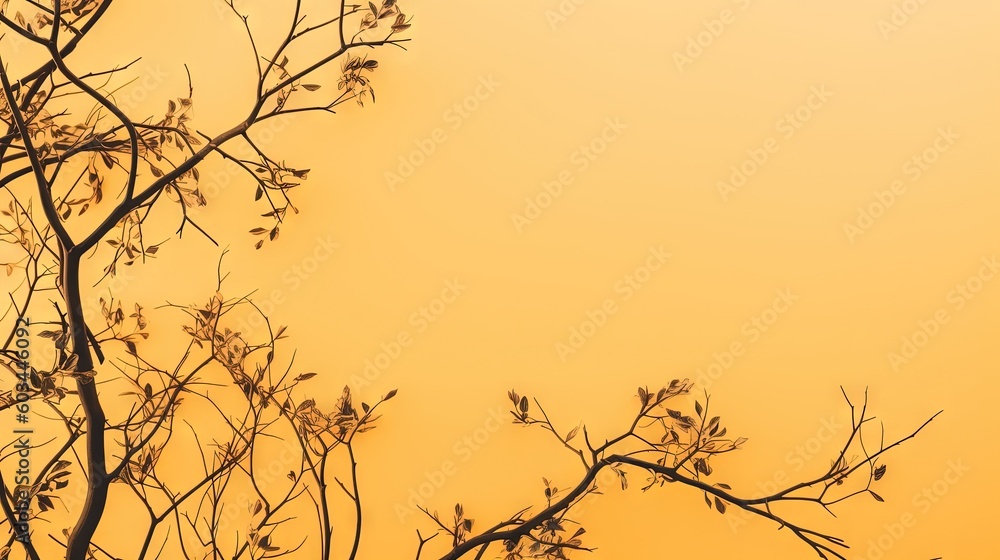 Poster  a tree with no leaves and a yellow sky in the background of the picture is a yellow sky with a few clouds in the background.  generative ai