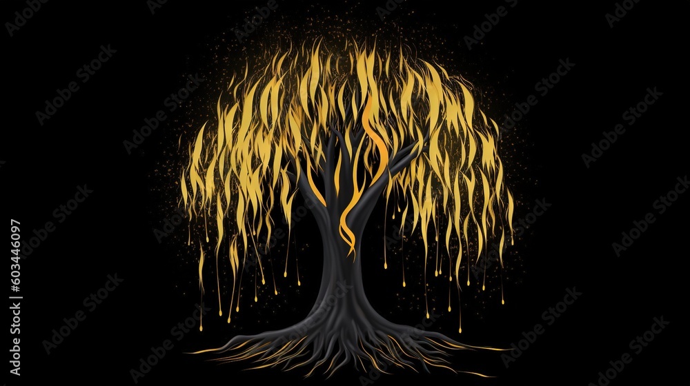 Poster a tree with yellow leaves on a black background with a black background and a yellow tree with yello
