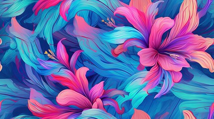  a blue and pink flower with leaves on a blue and pink background with a white outline on the bottom corner of the image and the bottom corner of the image.  generative ai