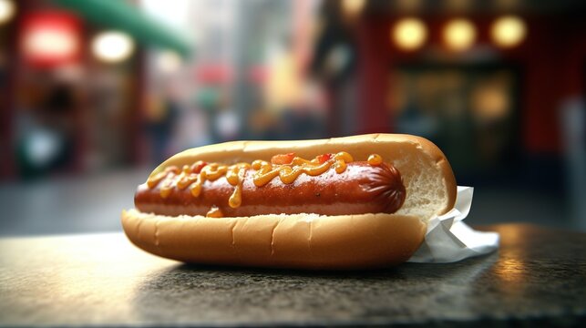  A Hot Dog With Mustard And Relish On A Bun On A Table In Front Of A Store Front Window At Night Time, With A Blurry Background.  Generative Ai