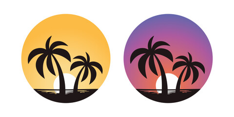 Vector Palm Trees, Palm Tree Icon Set Isolated. Palm Silhouettes on Sunset Background. Design Template for Tropical, Vacation, Beach, Summer Concept. Vector Illustration. Front View © gomolach