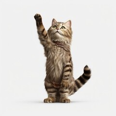 Funny hair cat are standing and raising hand,AI generated.