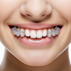 Close up invisible aligners on the white background,Plastic braces dentistry retainers to straighten teeth,AI generated.