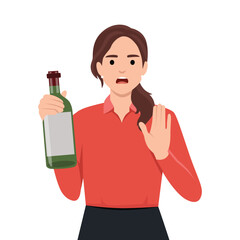 Healthy lifestyle and avoiding alcohol concept. Young Woman standing saying no to alcohol refusing of glass of wine with raised hand. Flat vector illustration isolated on white background