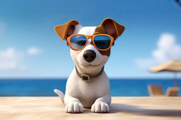 Cute Cartoon Dog with Sunglasses on a Beach in the Summer (Generative AI)