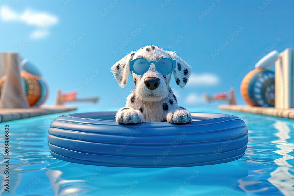 Poster Cute Cartoon Dog on a Raft with Sunglasses in the Summer  (Generative AI)