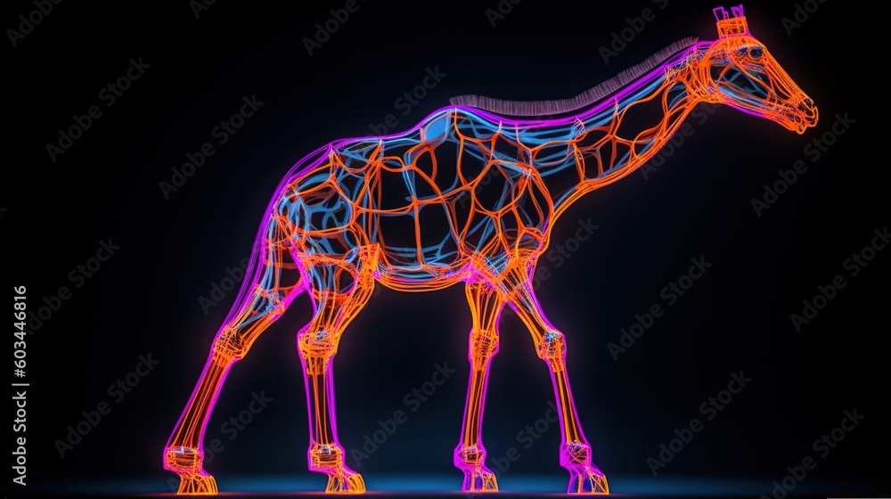 Poster a neon giraffe standing on a black background with a black background and a black background with a 