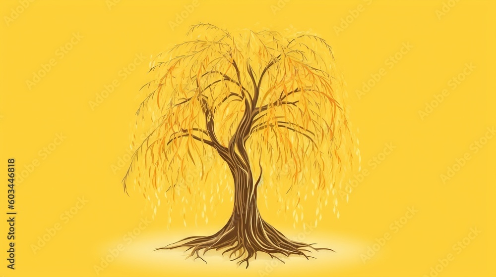 Poster a drawing of a tree with yellow leaves on a yellow background with a yellow background and a yellow 