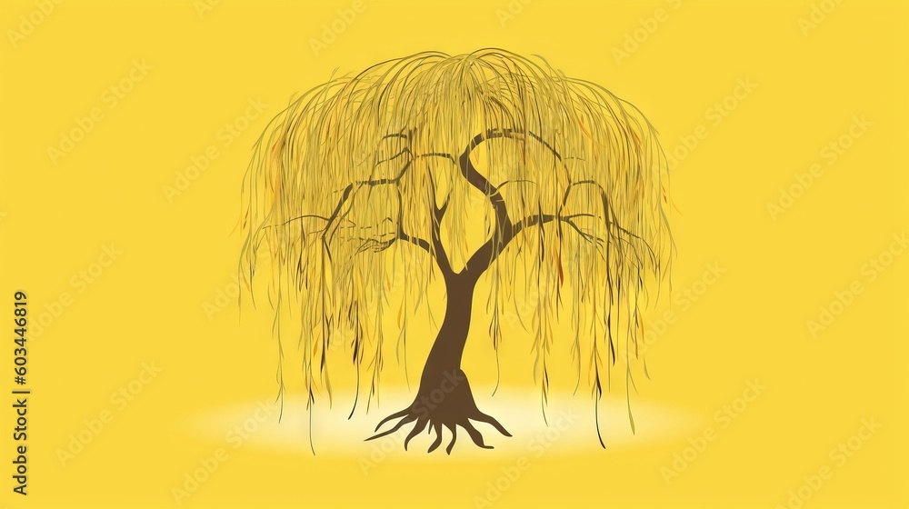 Poster a willow tree with a yellow background and a yellow background with a white border and a yellow back