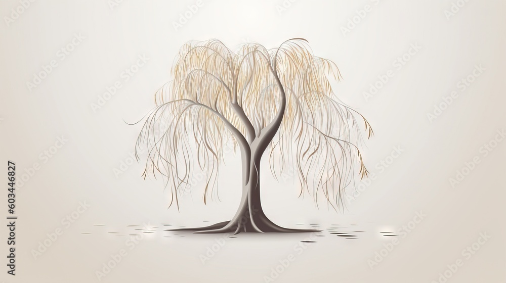 Poster a drawing of a tree with white leaves and water drops on the ground, with a light gray background an