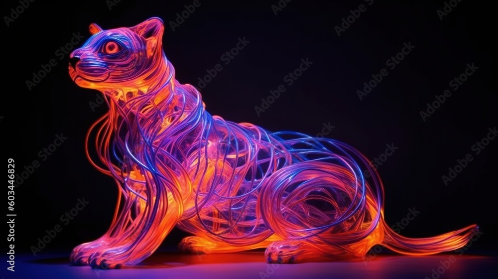 Poster a neon cat sitting on a black background with a black background and a blue and red light in the sha