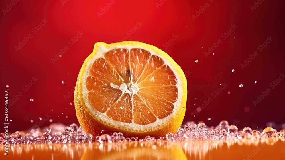 Aufkleber an orange sliced in half with water droplets on the ground and a red background with a red backgroun
