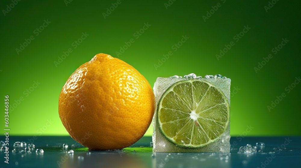 Poster an orange and a lemon are on a table with ice cubes and water droplets on the table and a green back